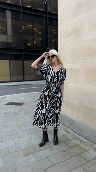 Women's Black Abstract Print Button Front Midi Dress