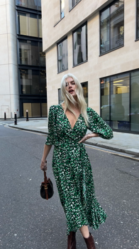 Women's Green Leopard Print Midi Wrap Dress